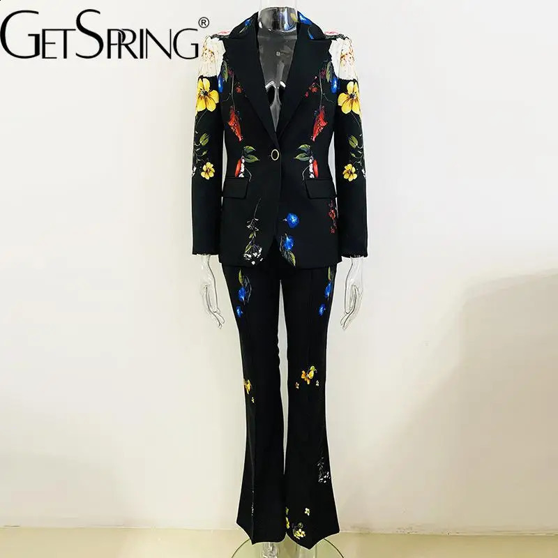 Get Spring Womens Pants Set Autumn Printed Single Button Jacket Coat High Waist Long Flame Two Piece 240812