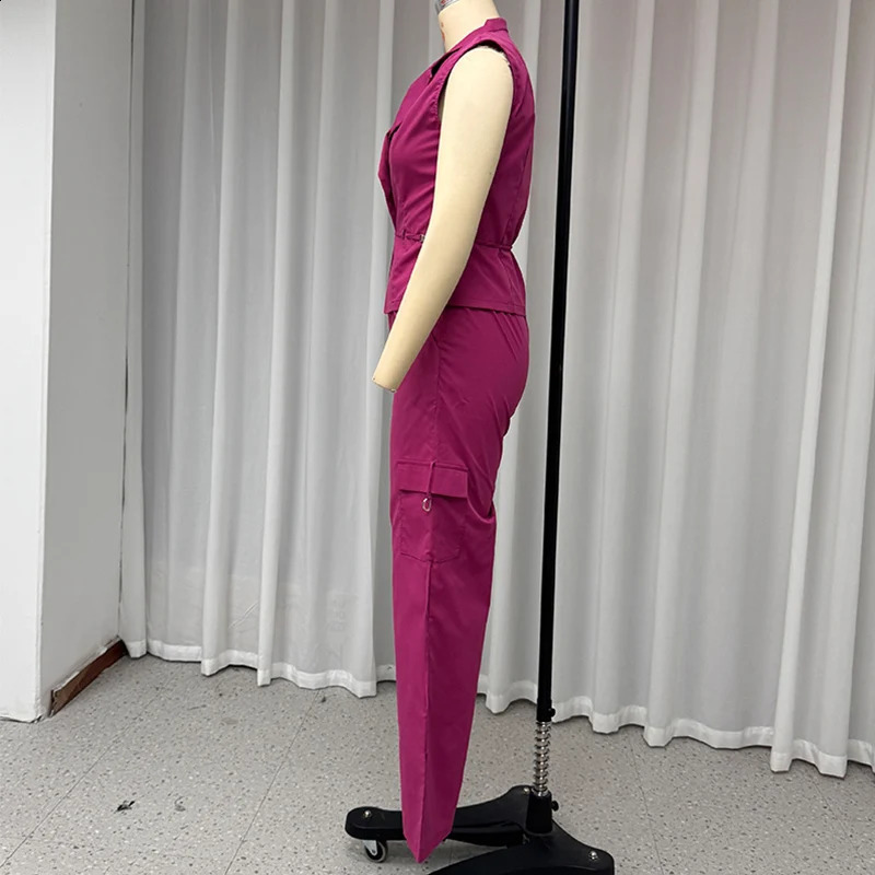 Wefads Two Piece Set Summer Women Elegant Solid Sleeveless Nipped Waist Lapel Top Loose Wide Legs Cargo Pants Sets Streetwear 240813