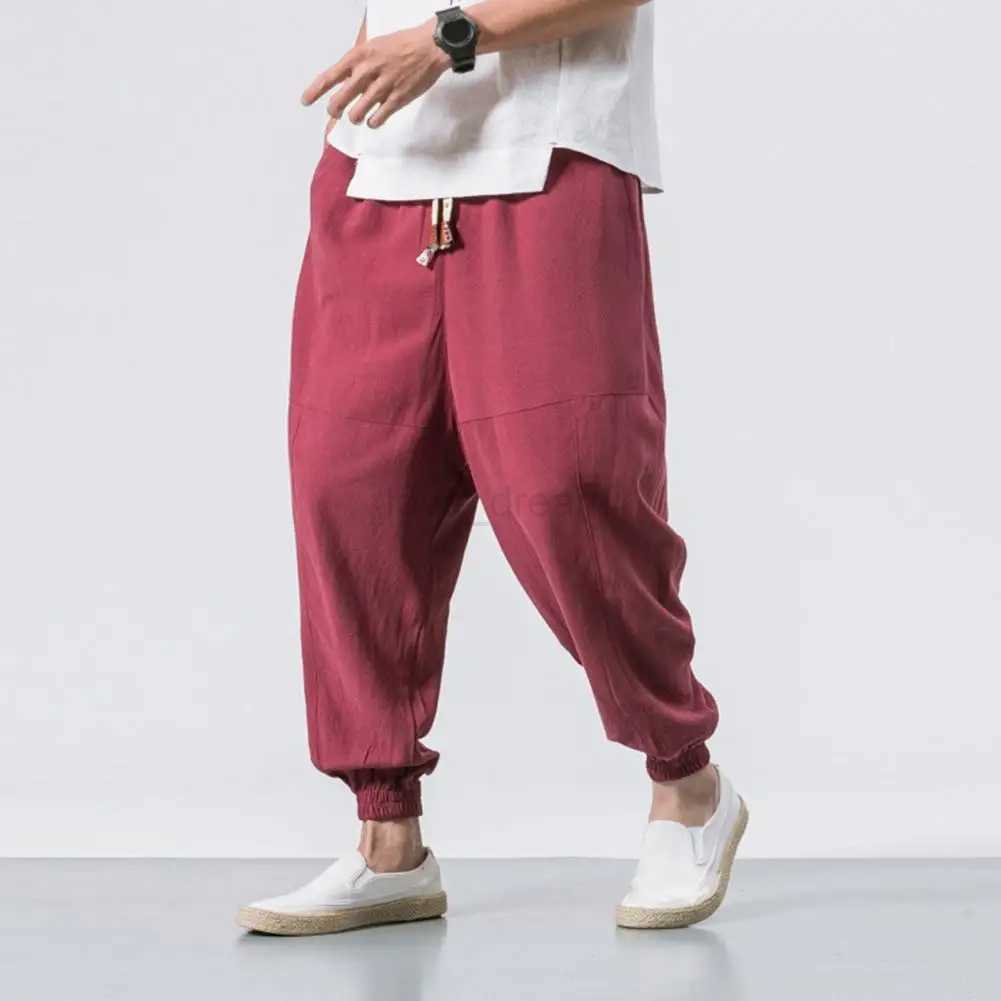 Cotton Men Harem Pants Harem Pants Men Solid Elastic Waist Streetwear Joggers Japanese Style Loose Ankle Length Pockets TrousersXJ240813