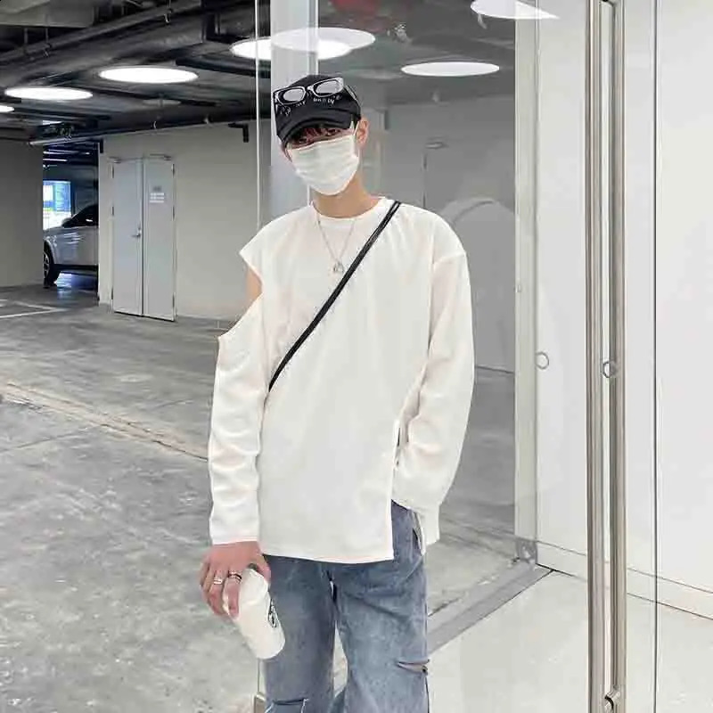 Cold Shoulder Slit Fork Long Sleeve Men T Shirts Summer Fashion Ripped Hole Personality Hip Hop Punk Black White Oversized Tops 240812