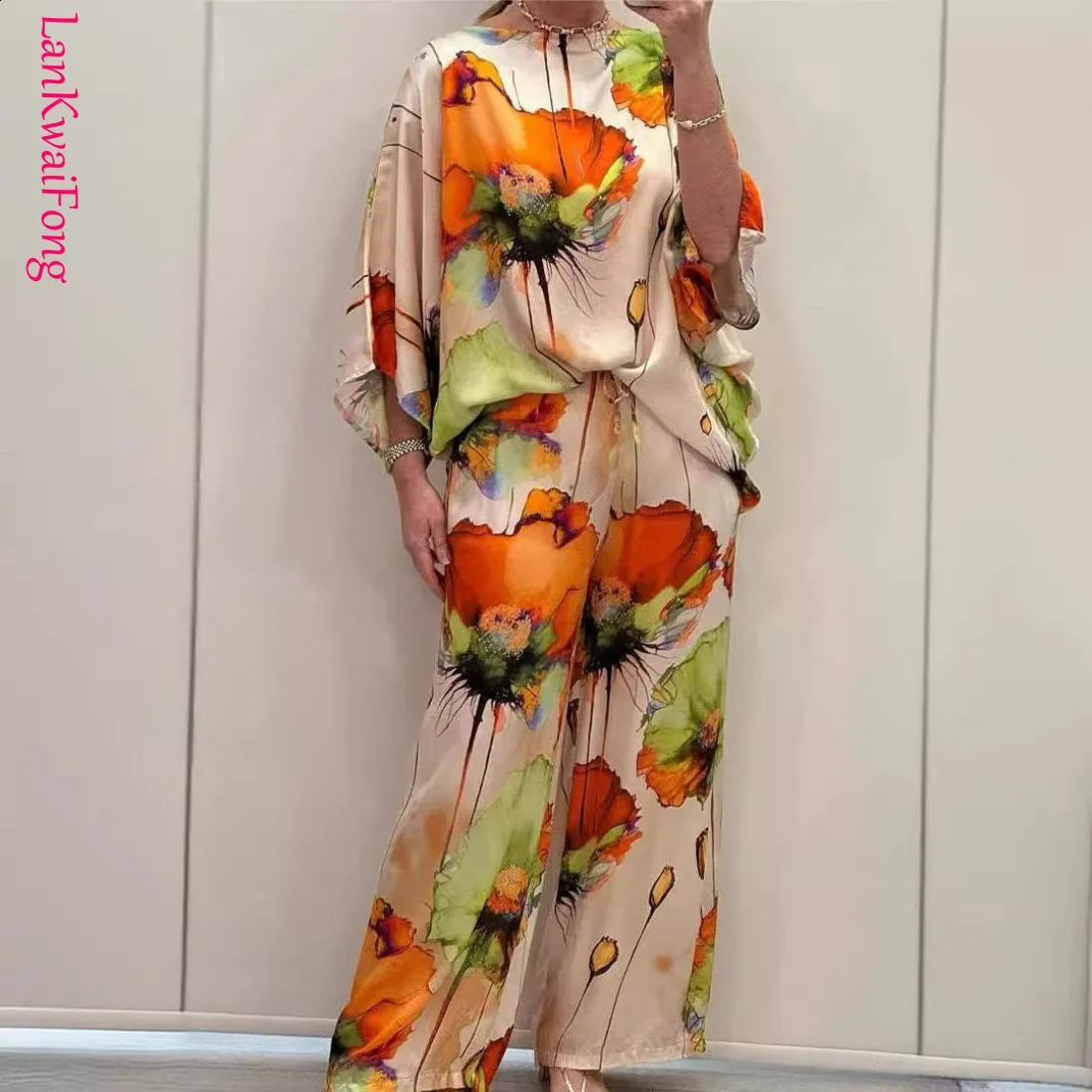 LKF 2024 Autumn Urban Elegant Womens Set Satin Loose Print Bat Sleeves Drawstring Wide Leg Pants Two Piece Set Wholesale 240813