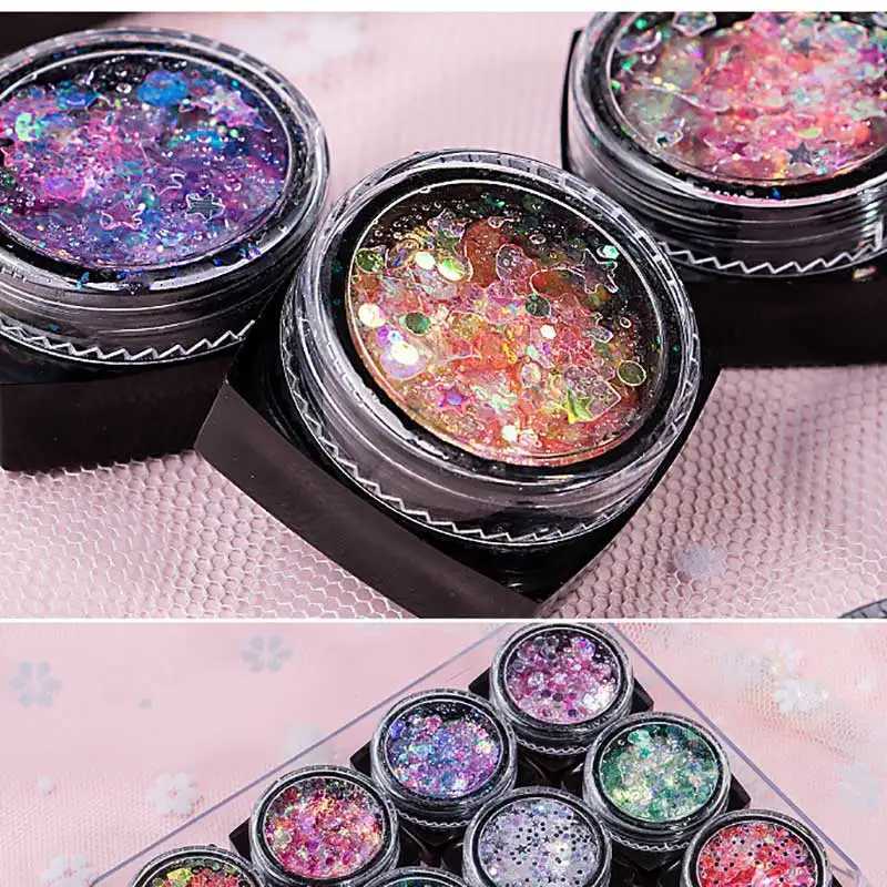 12 pieces/set Body/face/eye makeup glitter gel eye shadow cream star/moon/hexagonal nail sequins gel Halloween party makeup 6 pieces W240812