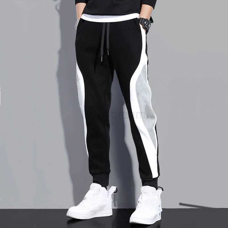 Autumn Winter Mens Loose Casual Pants Trendy Patchwork Trousers Warmer Fleece Long Thicken Pants Sweatpants Joggers PantsXJ240813