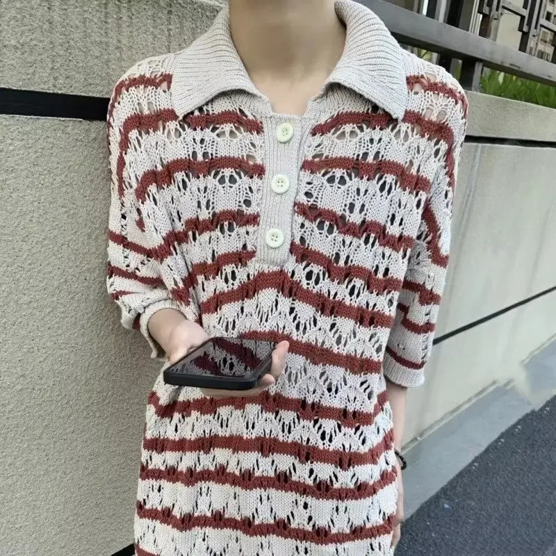 Summer Retro Stripe Knitted Hollow Polo Sweater Flip Collar Casual Mens Loose Short Sleeve Trend 240812