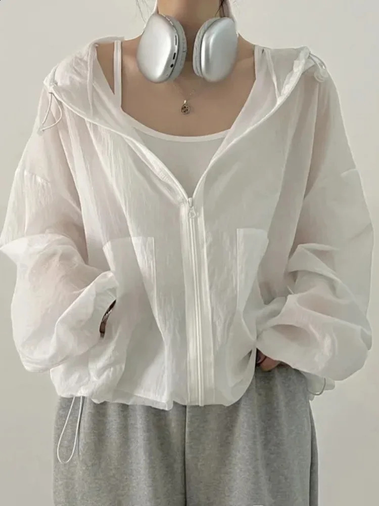 in Zip Up Hoodie Autumn Loose Casual Short Cardigan Korean Chic Solid Sweatshirts Zippers Long Sleeve Sunscreen Hoodies 240812