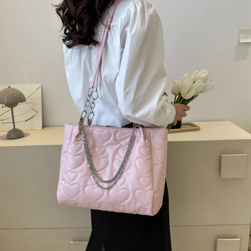 Peach Heart Chain Canvas Bag Women 2024 Fashion Sweet and Cute Tote Student Class Large Capacity 240812