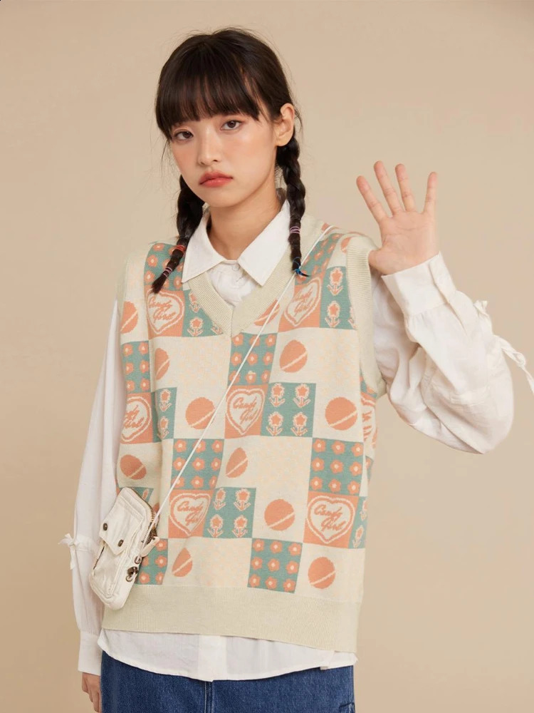 HOUZHOU Kawaii Preppy Style Sweater Vest Y2k Women Sweet Pink Loose Floral V-Neck Knitted Pullover Sleeveless Plaid Outerwear 240812
