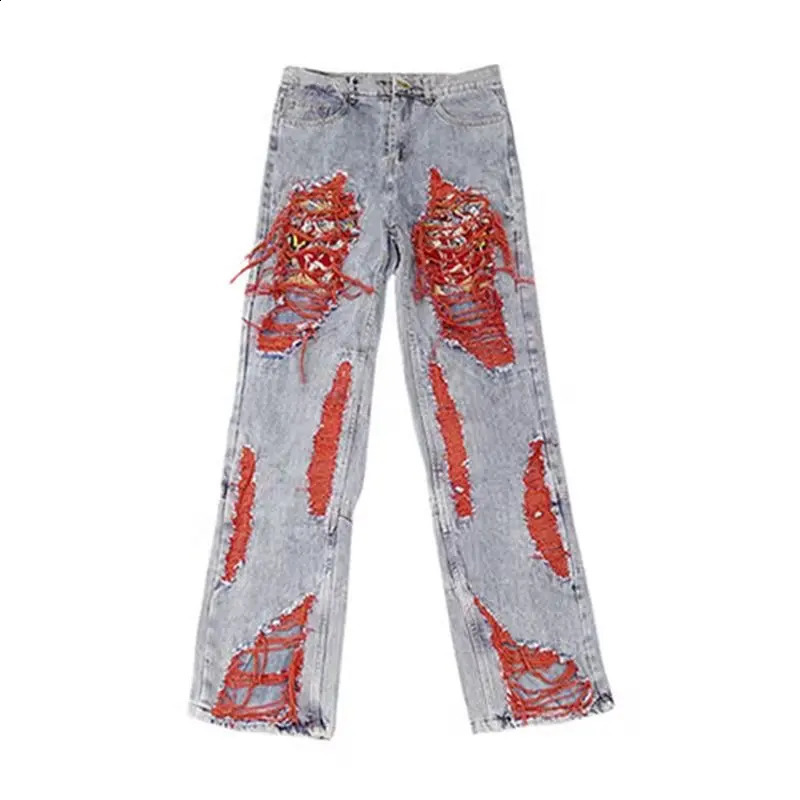 Retro Y2k Baggy Pants red Ripped Jeans Women Streetwear High Waist Gradient Color Fashion Casual Mopping Trousers y2k jeans 240813