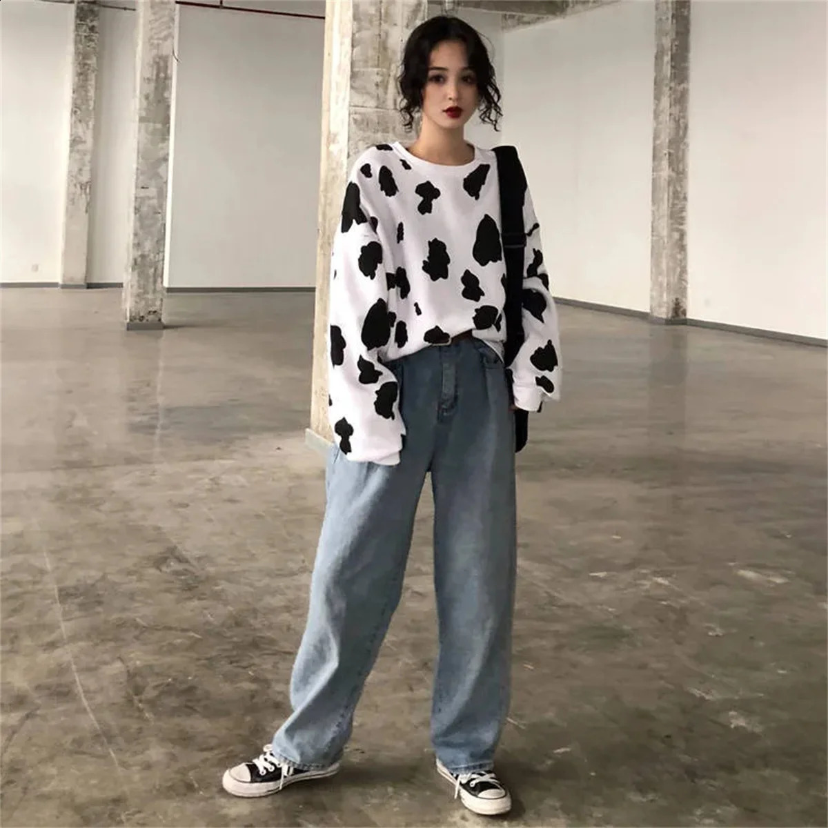 Cute Autumn Cow Milk Printed Pullover Women sweatshirt Female Fashion Loose hoodie sweatshirts O-neck Hoodie Females 240813