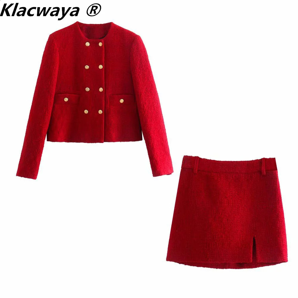 Klacwaya Womens Fashion Two piece Retro Red Coarse Hemp Double Chest Sweatshirt Front Seam Mini Tight Set 240812