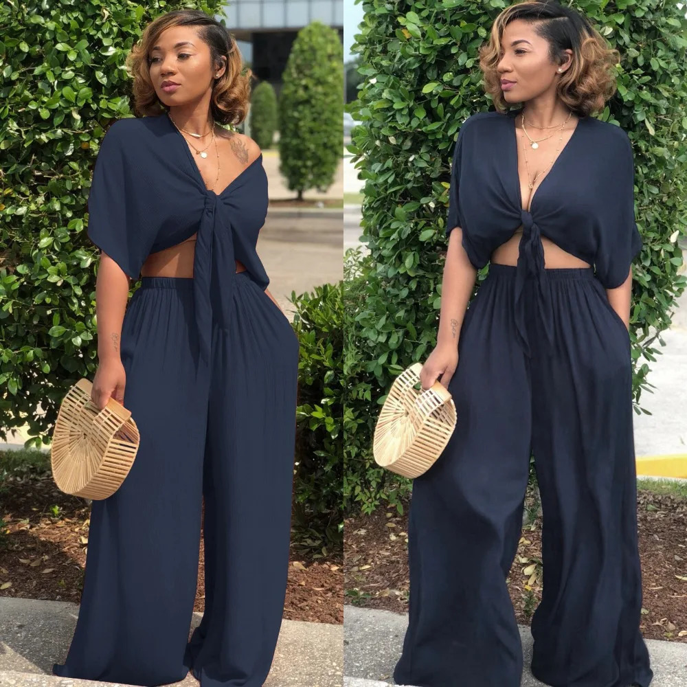 Women loose wide leg pants bandage lace up crop top 2 piece set for female women v-neck short sleeve two piece set womens suits 240813