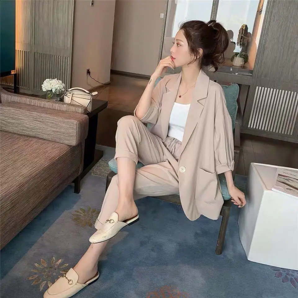 Korean style pink elegant womens pants set fashionable loose jacket Trouser twopiece office 240812