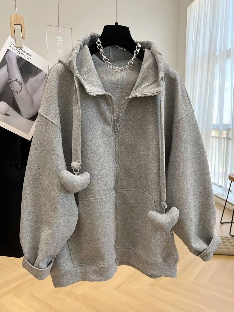 3XL Hoodies Women Zip Up Oversize Ins Solid Color Simple Leisure Korean Style All-match Warm Coats Autumn Winter Prevalent BF 240812