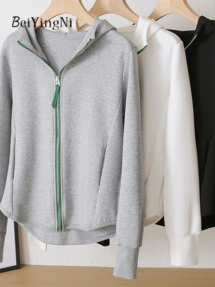 Beiyingni Women Hoodies Spring Autumn Korean Loose Sweatshirts Female Casual Hooded Hoody Preppy Lazy Zipper White Coats 240812