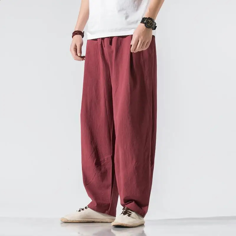Men Clothes Summer Japanese Casual Streetwear Harajuku Cotton Linen Baggy Pants Male Solid Oversized Bloomers Trousers M-5XL 240813