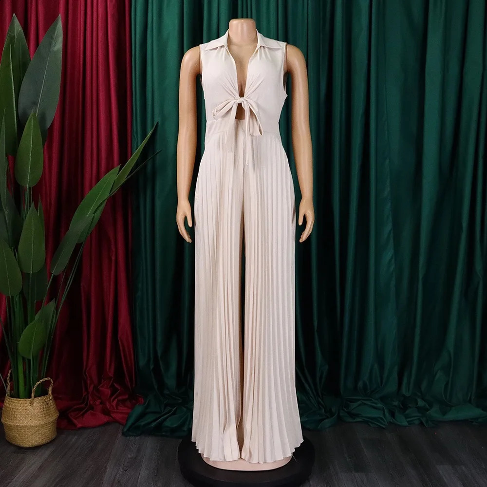 Elegant Jumpsuits Rompers Pleated for Women Pleated Turn Down Collar V Necl Sleeveless Floor Length Female Birthday Overalls 240813