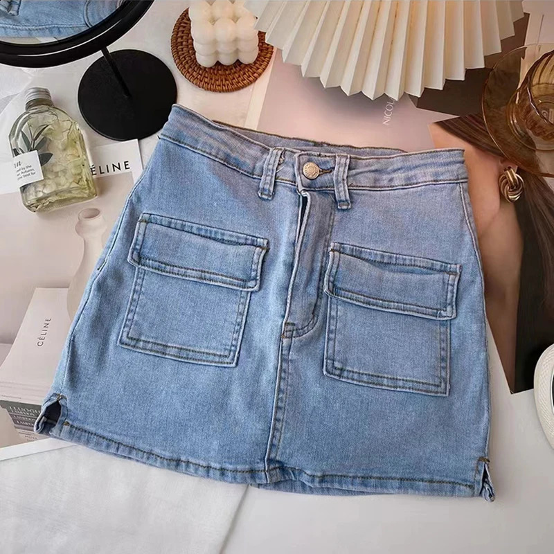 Summer Workwear Denim Short Skirt Slit Skirt European And American High Waist A- line Pocket Hip Skirt 240812