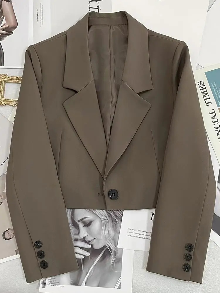 Korean Fashion Cropped Blazers Jacket Women Long Sleeve Office Ladies Streetwear Solid Color Single Button Short Suit Coat Jacke 240813