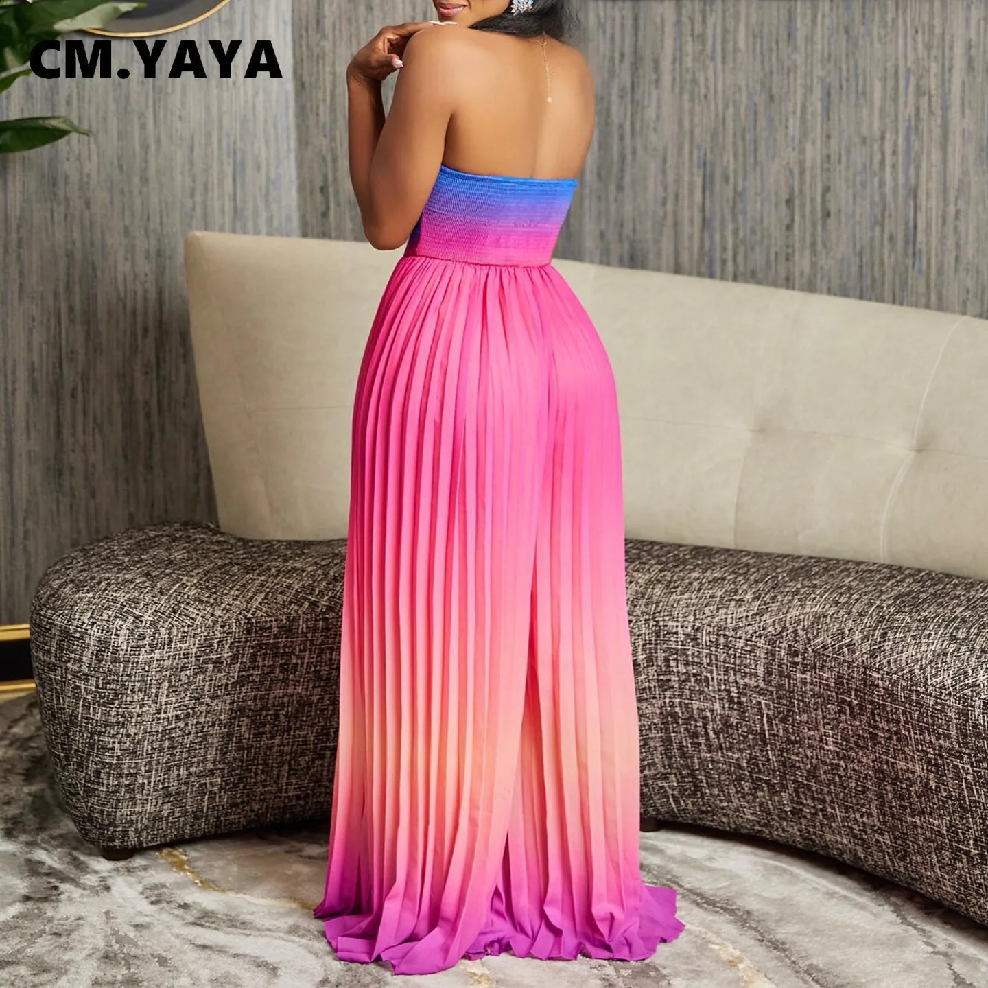 CM.YAYA Women Gradient Sleeveless Pleated Strapless Wide Leg Long Jumpsuits 2024 Summer Beach Fashion Street Sexy Outfit Rompers 240813
