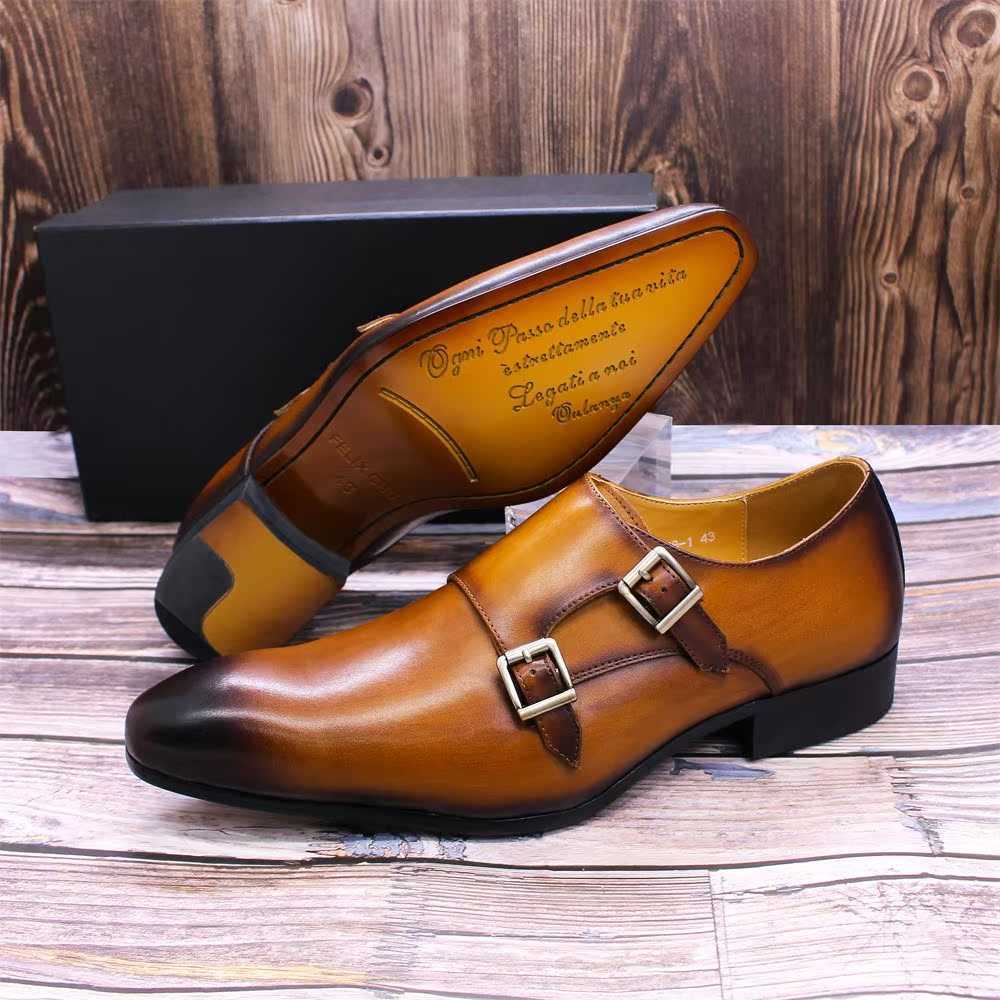 CMM Mens Leather Shoes Leather Buckle Monks Shoes Business Dress Shoes Brown Black Pointed Handmade Leather Shoes Men