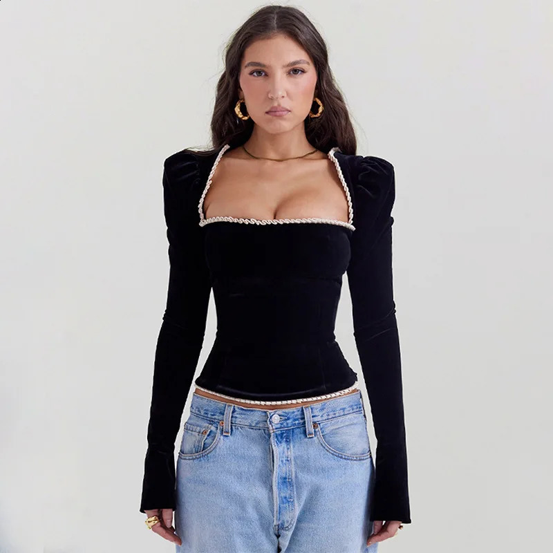 Gtpdpllt Y2K Fashion Womens T-shirt with Tight corset Top Elegant Retro Black Velvet T-shirt Low Cut Long Sleeve Crop Top240812