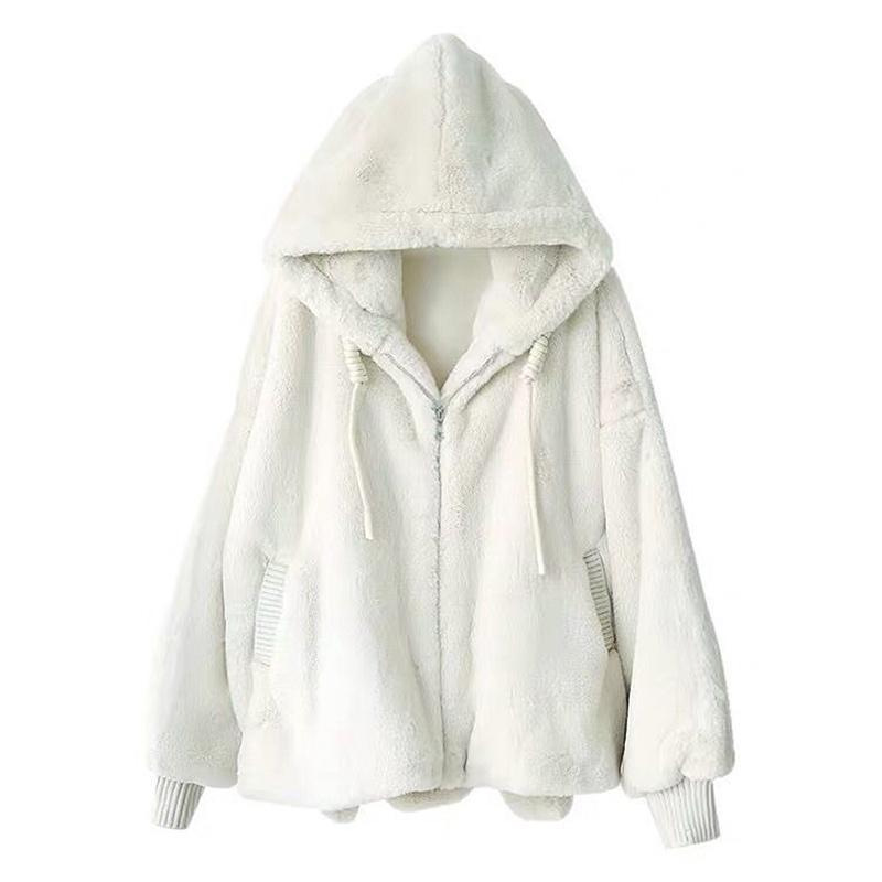 Women's Fur Faux Nerazzurri Winter white oversized faux fur jacket women with hood raglan sleeve zipper Korean fashion clothing for womens