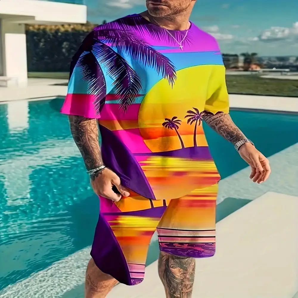 Hawaii Mens Street Oversized Summer Mens Clothing 3D Printed Maple Leaf Mens T-Shirt Shorts Two Piece Mens Sportswear Set 240813