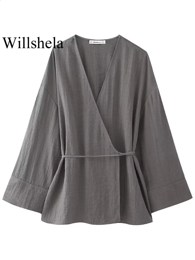 Willshela Women Fashion Two Piece Set Grey Lace Up Loose Coats Vintage High Elastic Waist Trousers Feamle Chic Lady Pants Sets 240813