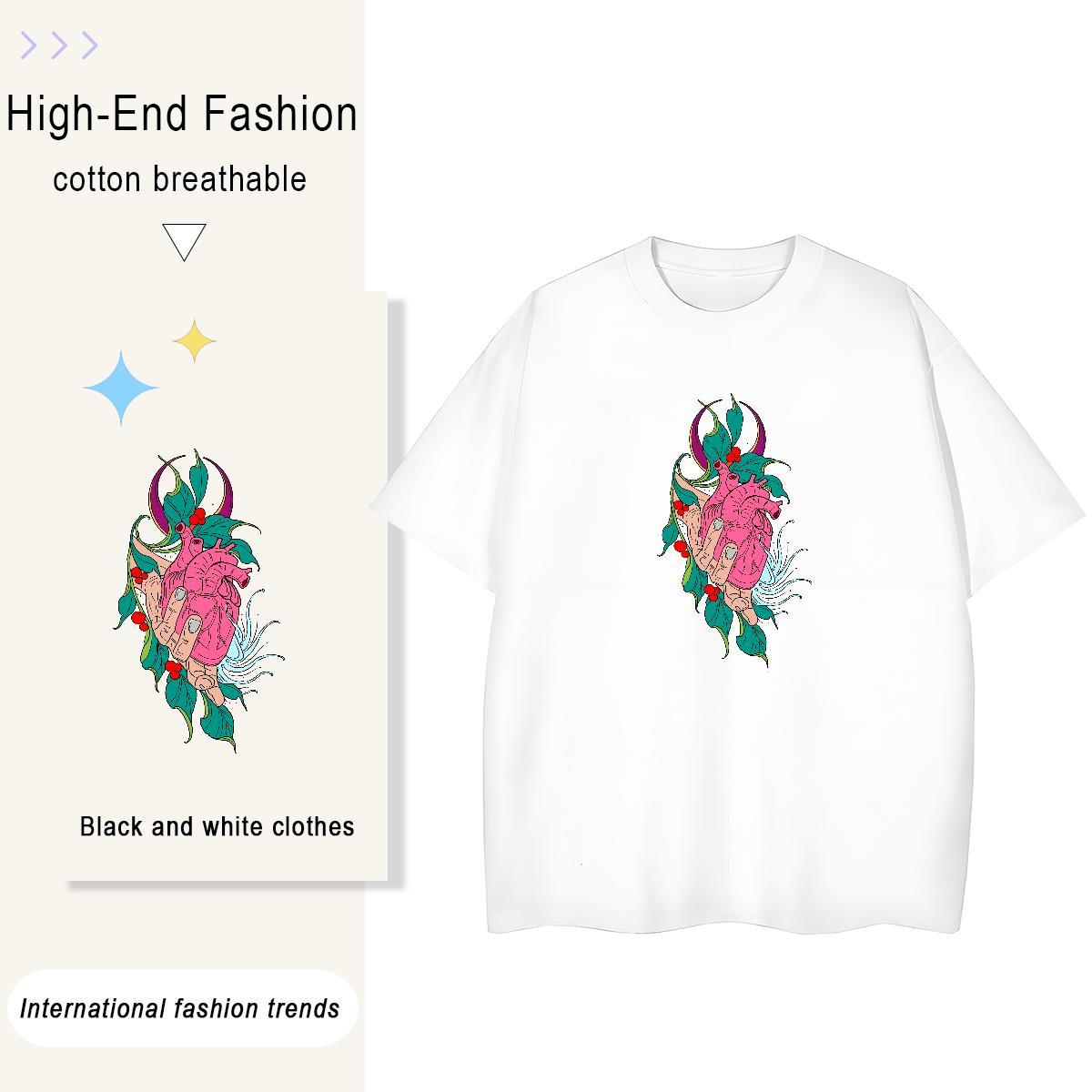 Free Shipping Tshirt for Man Woman Beach 230g Pure Cotton Black White Breathable Crew Neck flower Men T Shirts 2024 Clothings