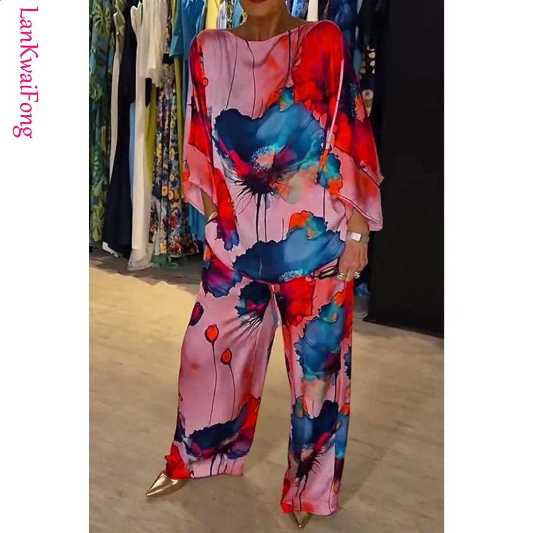 LKF 2024 Autumn Urban Elegant Womens Set Satin Loose Print Bat Sleeves Drawstring Wide Leg Pants Two Piece Set Wholesale 240813