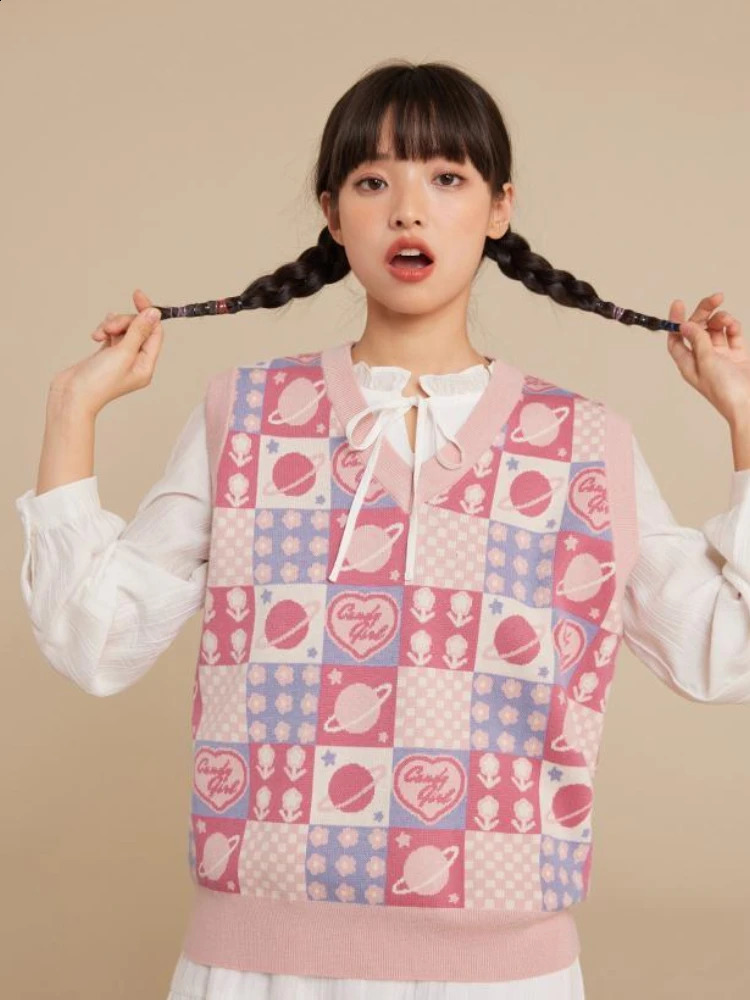 HOUZHOU Kawaii Preppy Style Sweater Vest Y2k Women Sweet Pink Loose Floral V-Neck Knitted Pullover Sleeveless Plaid Outerwear 240812