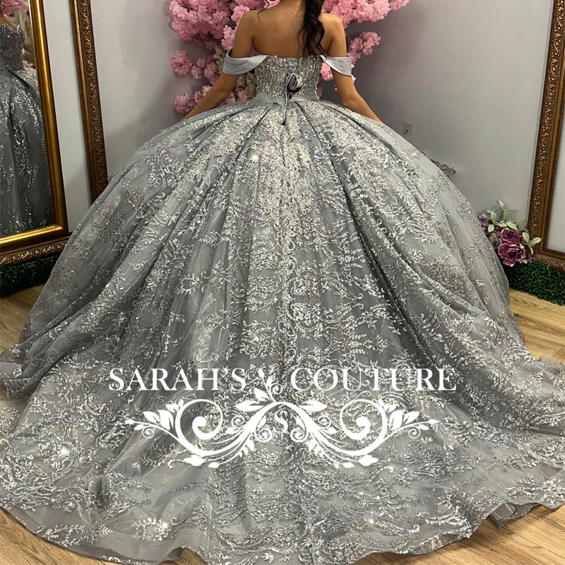 Grey Glitter Quinceanera Sweetheart Off Shoulder Appliques Lace Beads Tull Sweet Dress Vestidos De Anos D