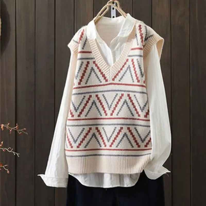 Y2K Sweater Vest Women Preppy Style Knitted V-Neck Pullover Female Autumn Winter Sleeveless Tanks Top U1346 240812