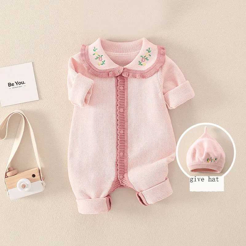 2024 Autumn Winter Newborn Girls Knitted Hoodie Cotton Long Sleeve Embroidered Collar Baby Girls Onesie Baby Girls Tight Clothes W240812