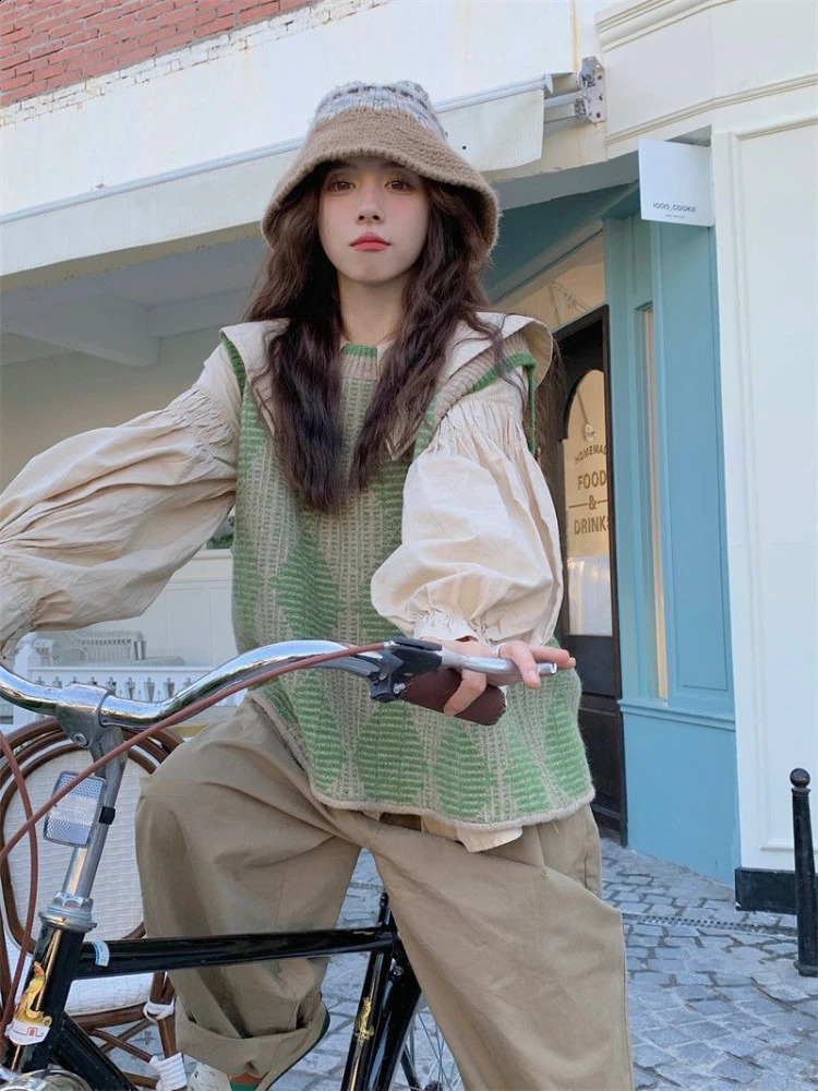 Sweater Vests Women Green Preppy Style Cute Autumn Ins Trendy All-match Cozy Basic Argyle Ladies Knitting College Dating 240812