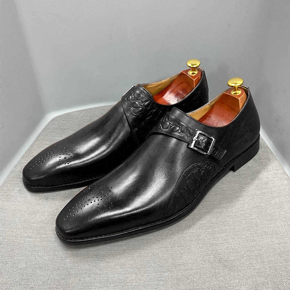 CMM Mens Leather Shoes Genuine Leather Autumn Business Dress Leather Shoes Mens British Style Handmade Leather Mengke Shoes Monk Shoes