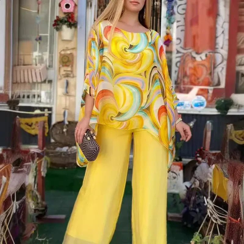Womens Colorful Chiffon Set Two Piece Suit Summer Print Round Neck Bat Sleeves Irregular Top Wide Leg Pants Casual 2 Piece Set 240813