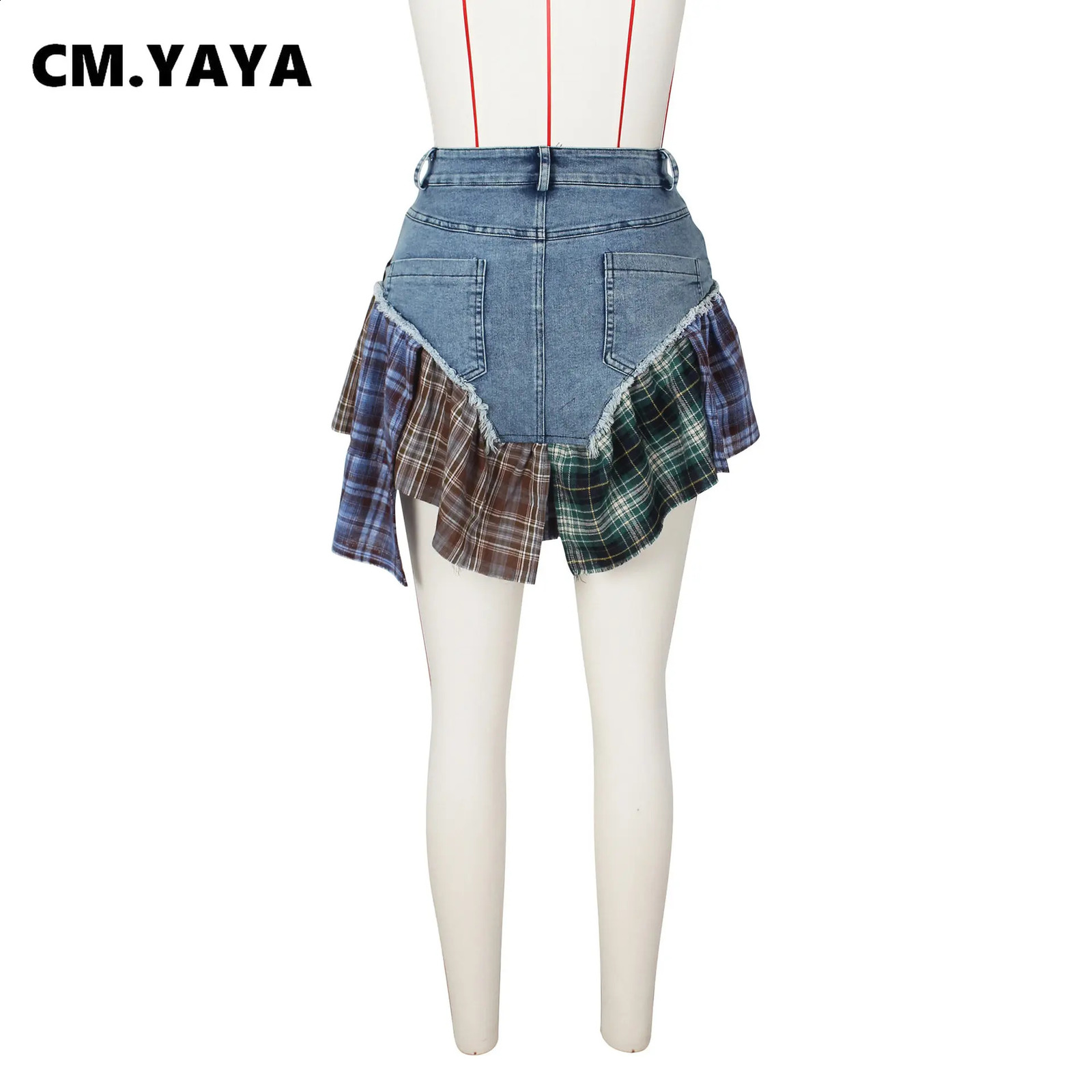 CM.YAYA Women Fashion Plaid Denim Patchwork Streamer Irregular A-line Mini Skirt Street Female Classic Jeans Cargo Skirts 240812