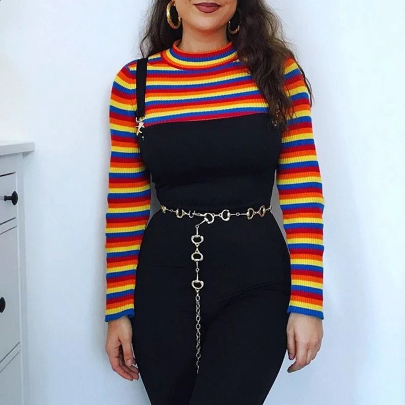 Womens Autumn Long Sleeve Turtleneck Sweater Colorful Rainbow Stripes Short Crop Tops Bodycon Ribbed Knitted Basic Pullover Jump 240813