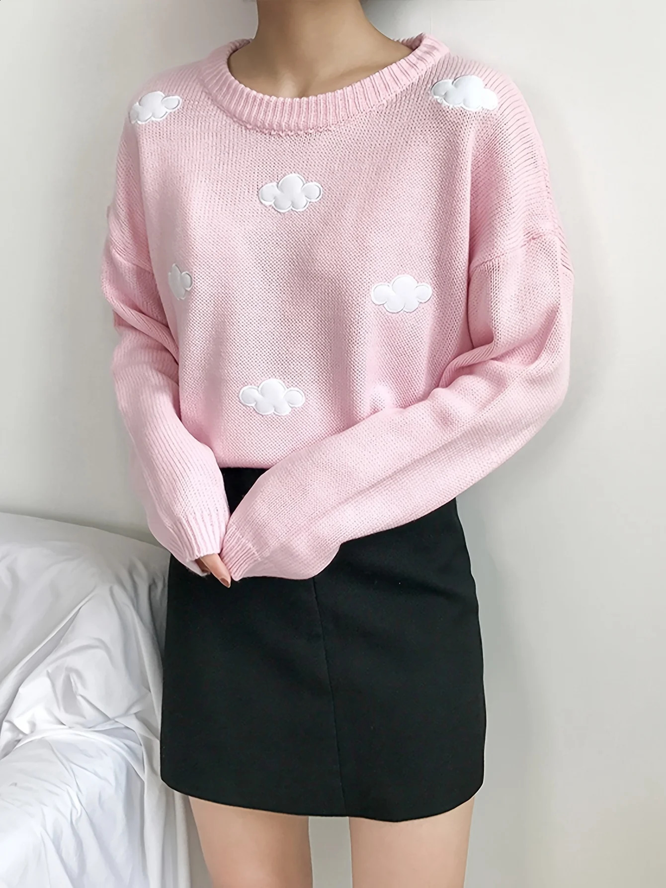 Womens Cute Cloud Embroidered Pullover Knit Sweater Winter Kawaii Preppy Style Crew Neck Knit Sweaters for Female 240812