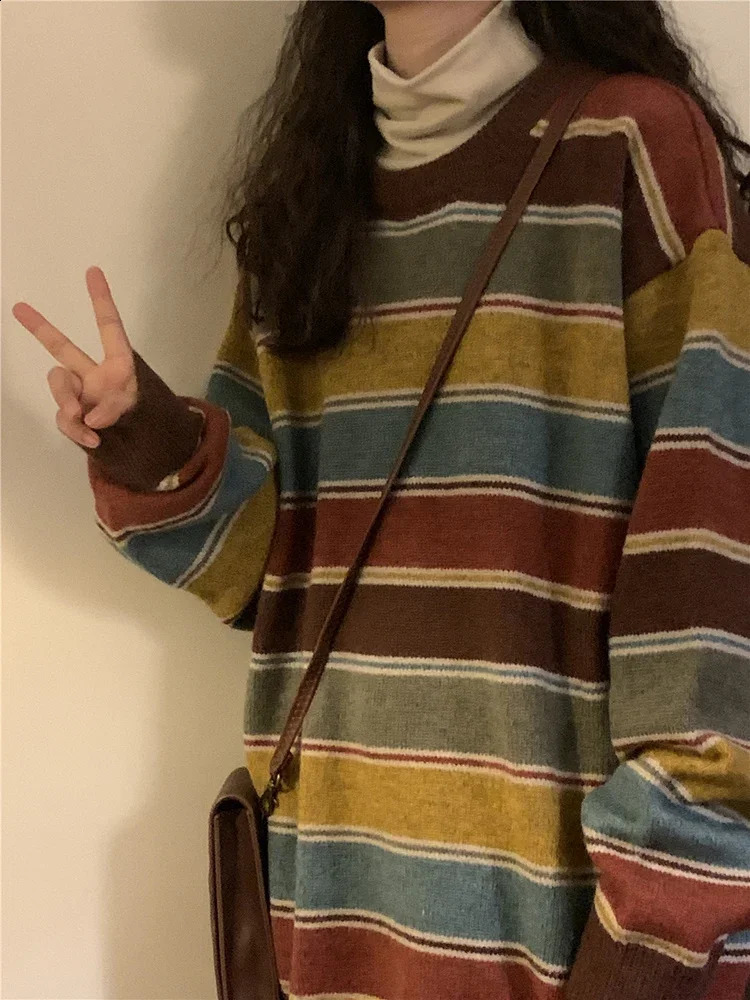 Japan Retro Bf Striped Sweater Harajuke Streetwear Oversize Knitted Pullover Fall Winter Casual Preppy Style Vintage Tops 240812