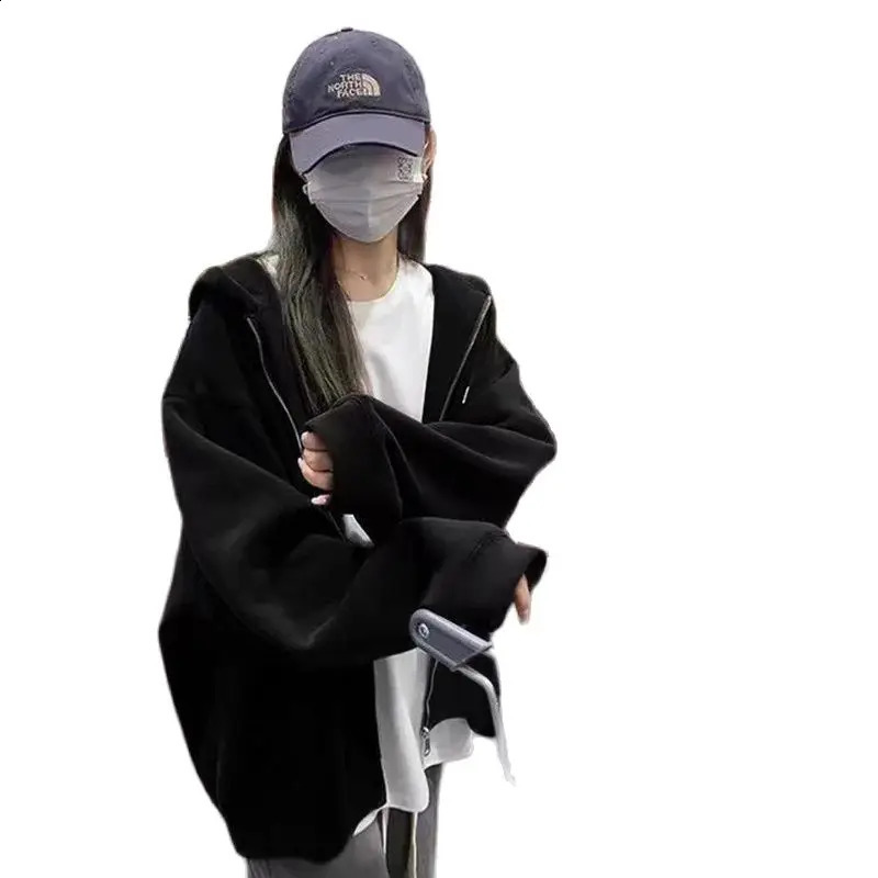 Sweatshirt Spring and Fall Hooded Cardigan with Womens Large Size Students Casual Loose Thin Zipper Simple Jacket 240812