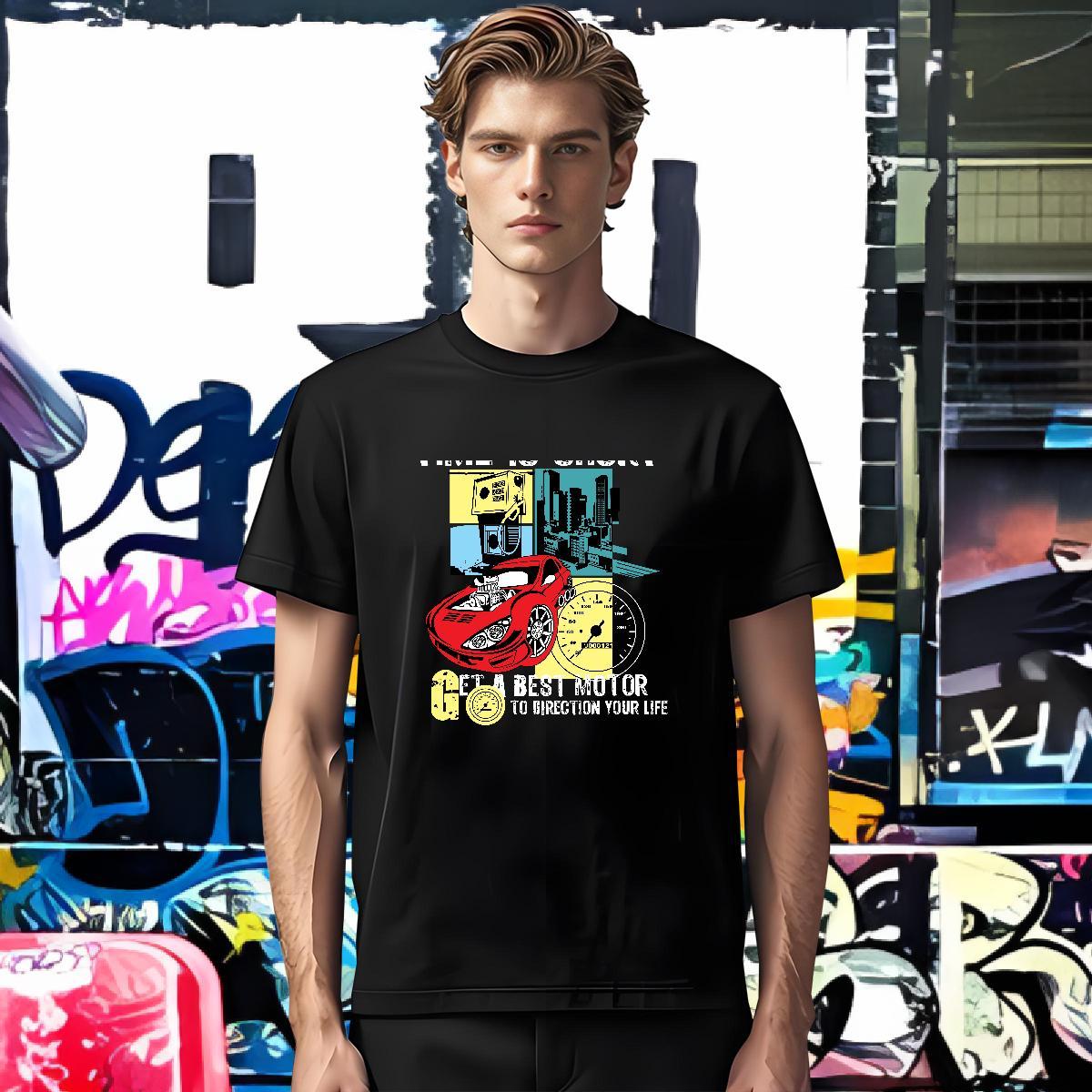 Cool car Men T Shirts Casual Daily Wear Men Clothes T-Shirt 230g Pure Cotton Brand Crew Neck Floral Print Tshirts