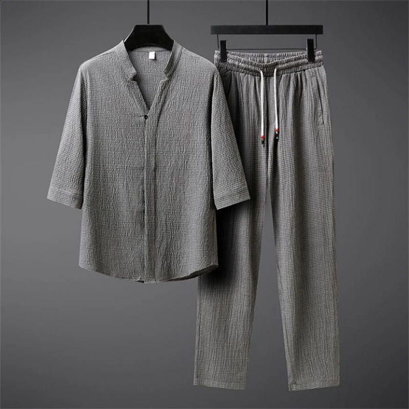 Ice silk linen mens springsummer loose floral top and elastic waist Trouser sportswear twopiece set 240812