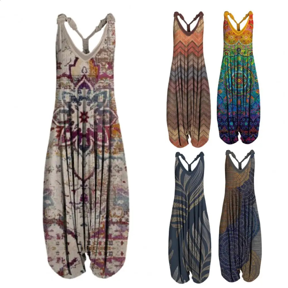Vintage Ethnic Style S-4XL Women Casual Floral Rompers Loose Boho Casual Jumpsuits Sleeveless Print Strappy Jumpsuit 240813