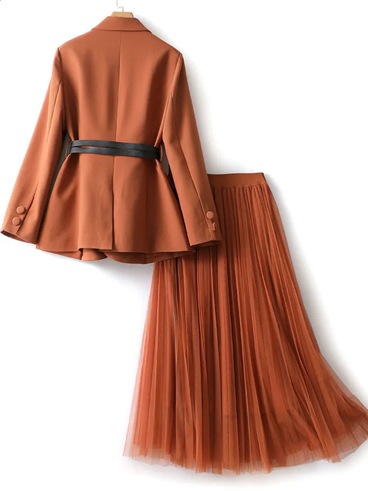 ZJYT Office Womens Jacket Set Skirts Two Piece Elegant Spring Fashion Conjunos De Vestitos Orange 240812