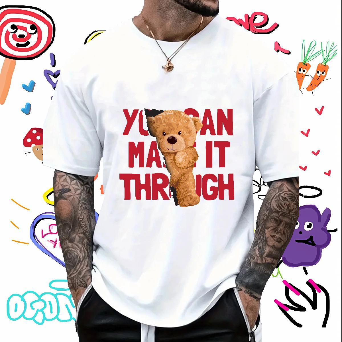 T-Shirts for Men 230g 100% Cotton bear Hip Hop Street Breathable Cartoon Printing L-4XL Men Tshirts 2024 New TOP Quality Wear