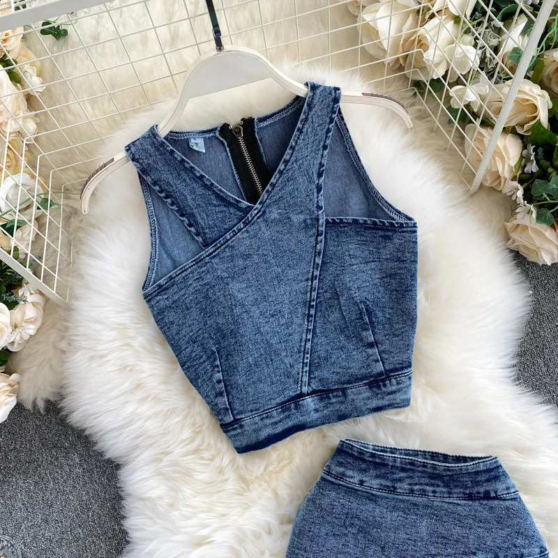 Amolapha Women Denim VestSkirts Sets Sleeveless Straps TopsJean Skirt Suit Outfits 240812