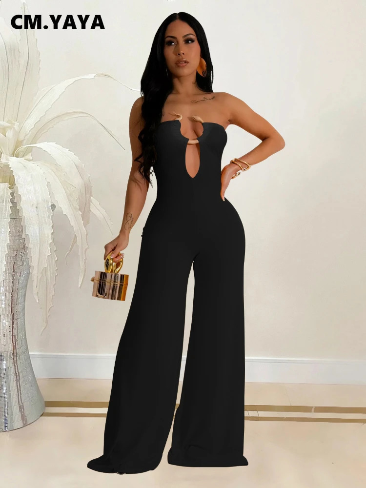 CM.YAYA Women Wide Leg Deep V-Neck Sleeveless Jumpsuits 2024 Summer Hollow Out Night Street Club Playsuit One Piece Suit Romper 240813