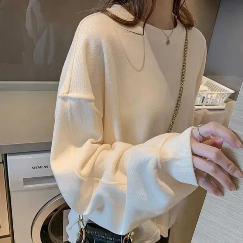 Korean Sping Autumn Pure Cotton Thin Womens O-Neck Solid Drawstring Fashion Casual Versatile Loose Long Sleeve Sweatshirts Tops 240812